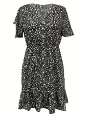 Floral Print V Neck Button Dress Short Sleeve Casual Dress