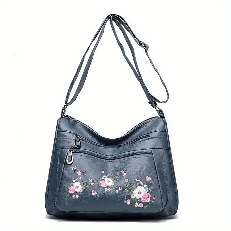 Embroidered Floral Crossbody Bag Adjustable Strap Zipper Closure