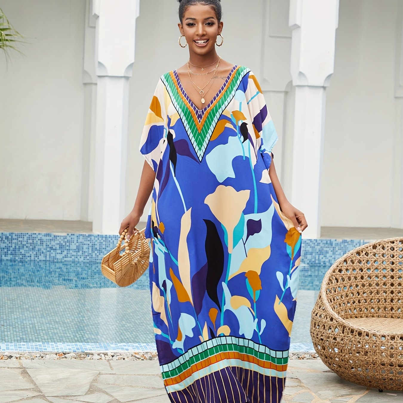  Boho Cover Up Women's Plus Abstract Print Bat Sleeve V Neck Loose Maxi