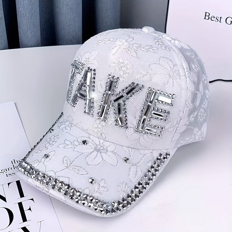 Rhinestone TAKE Patch Baseball Cap Lace Flower Embroidery Y2K Dad Hat For Women