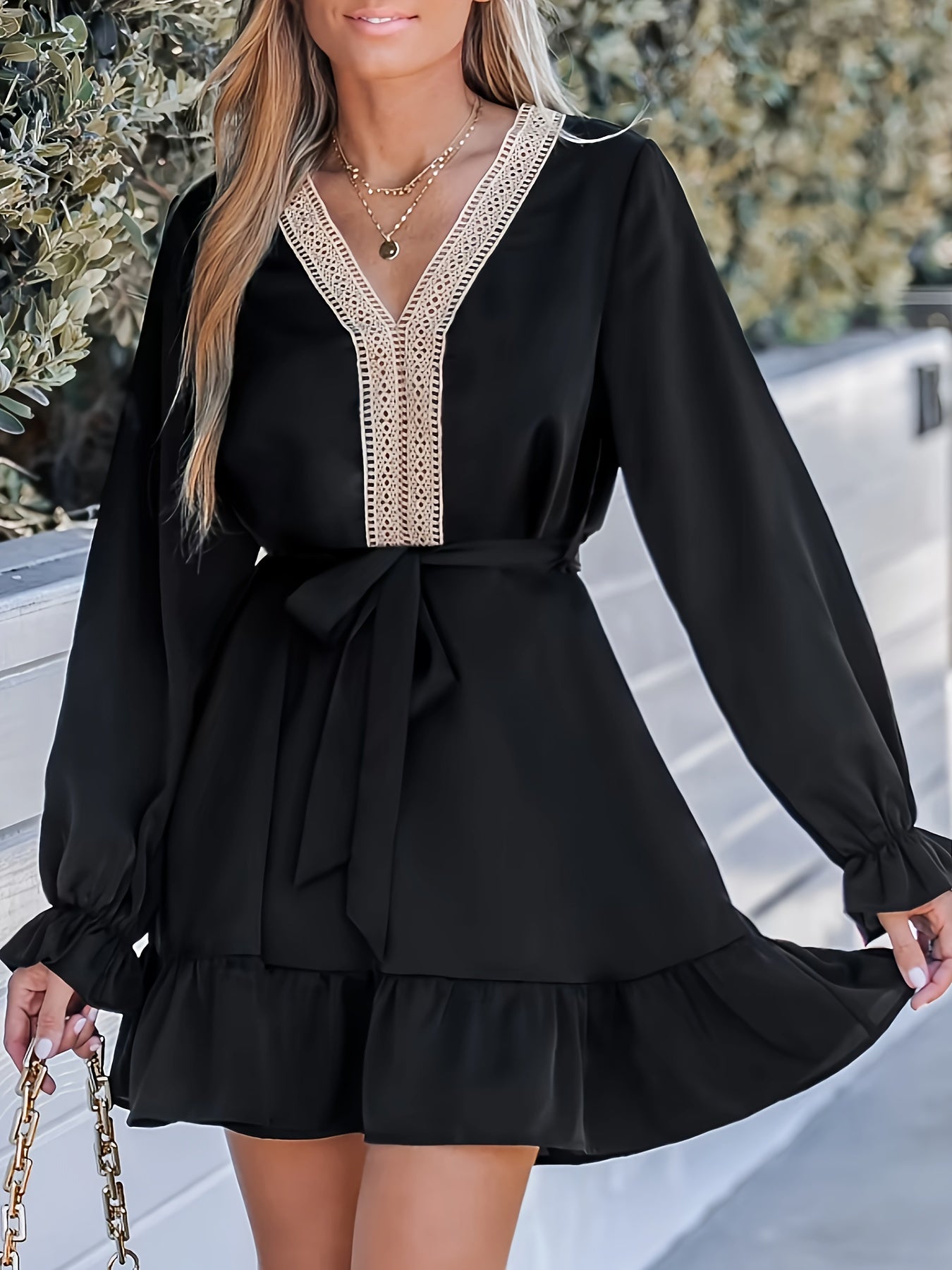 Dress Solid Applique Flounce Sleeve V Neck Ruffle Trim