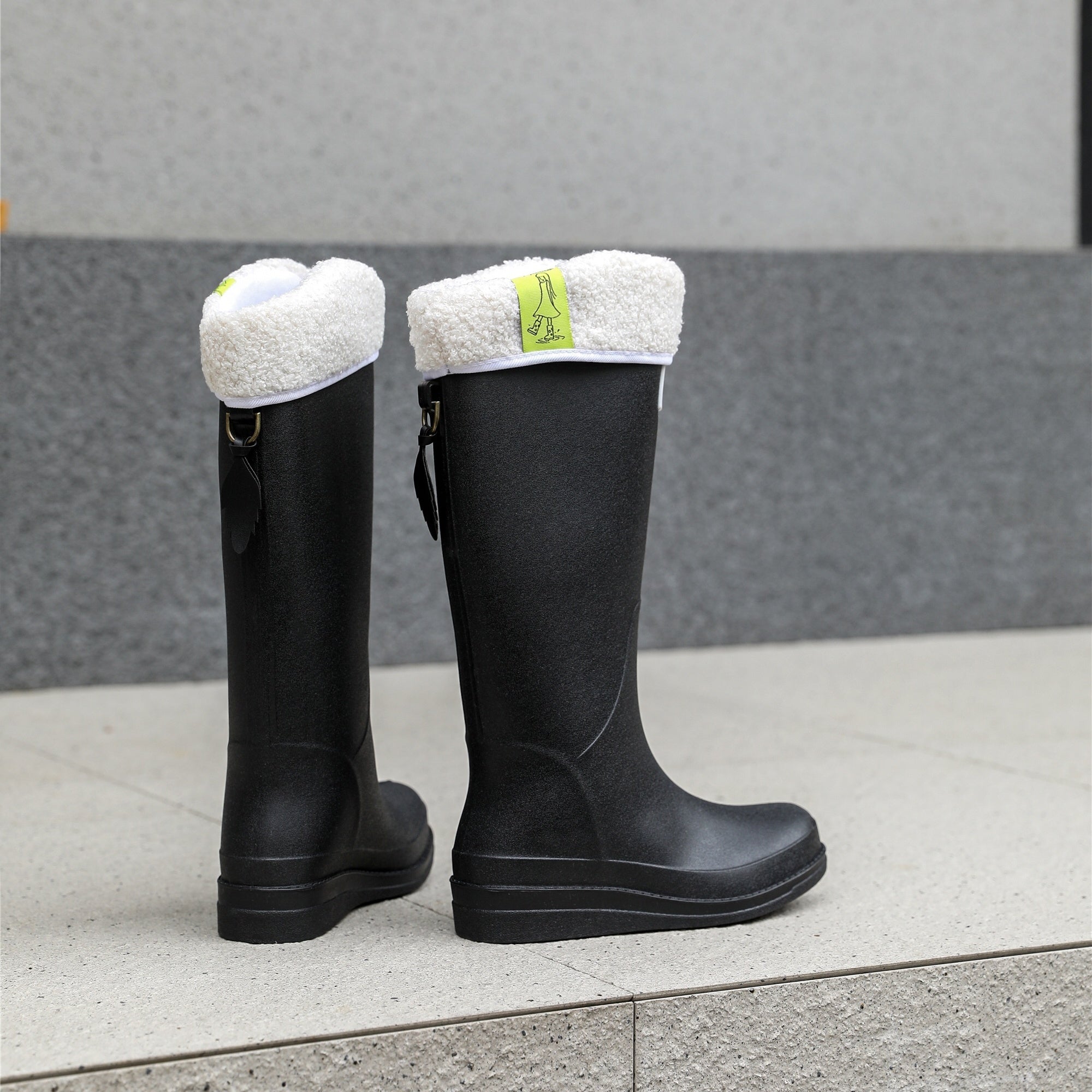 Women's Platform Fleece Liner Rain Boots Slip on Round Toe Waterproof High Boots