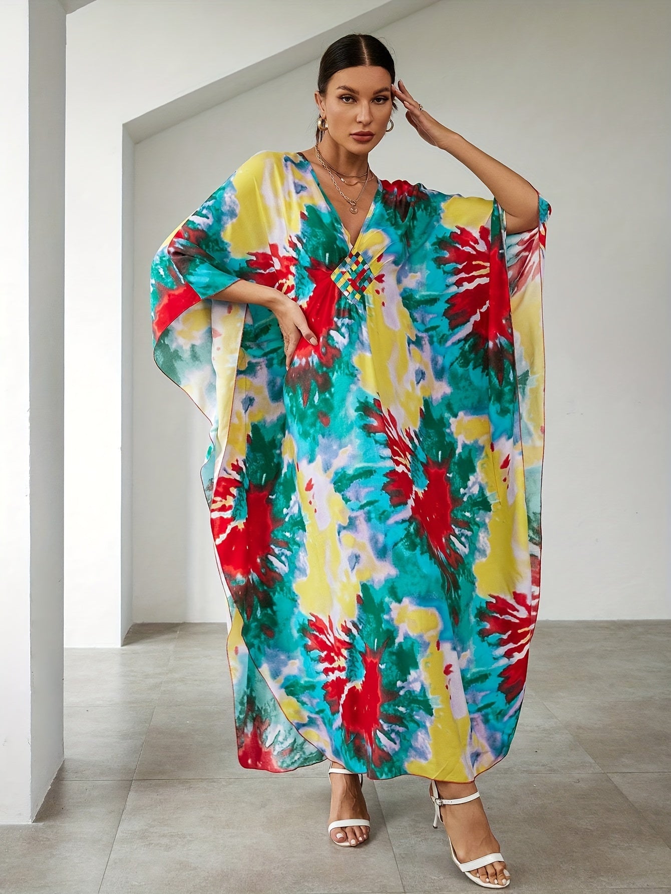  Boho Tie Dye Batwing Beach Cover Up