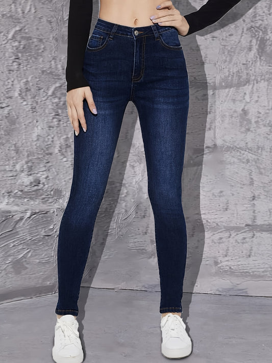 High Rise Dark Skinny Jeans High Waist Plain Stretchy Tight Fit Denim Pants