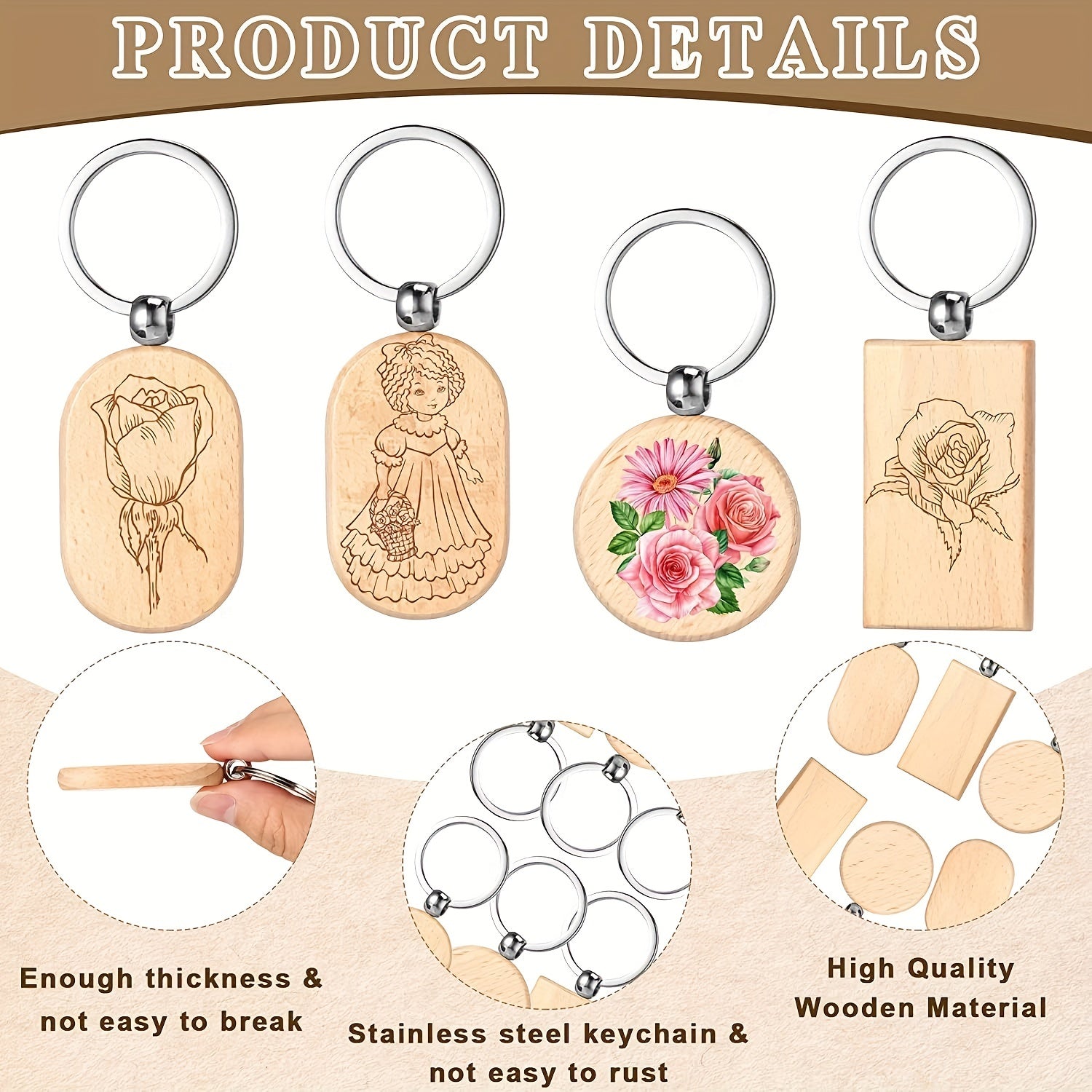24pcs Wooden Keychain Billets Unprocessed DIY Key Chains with Storage Box