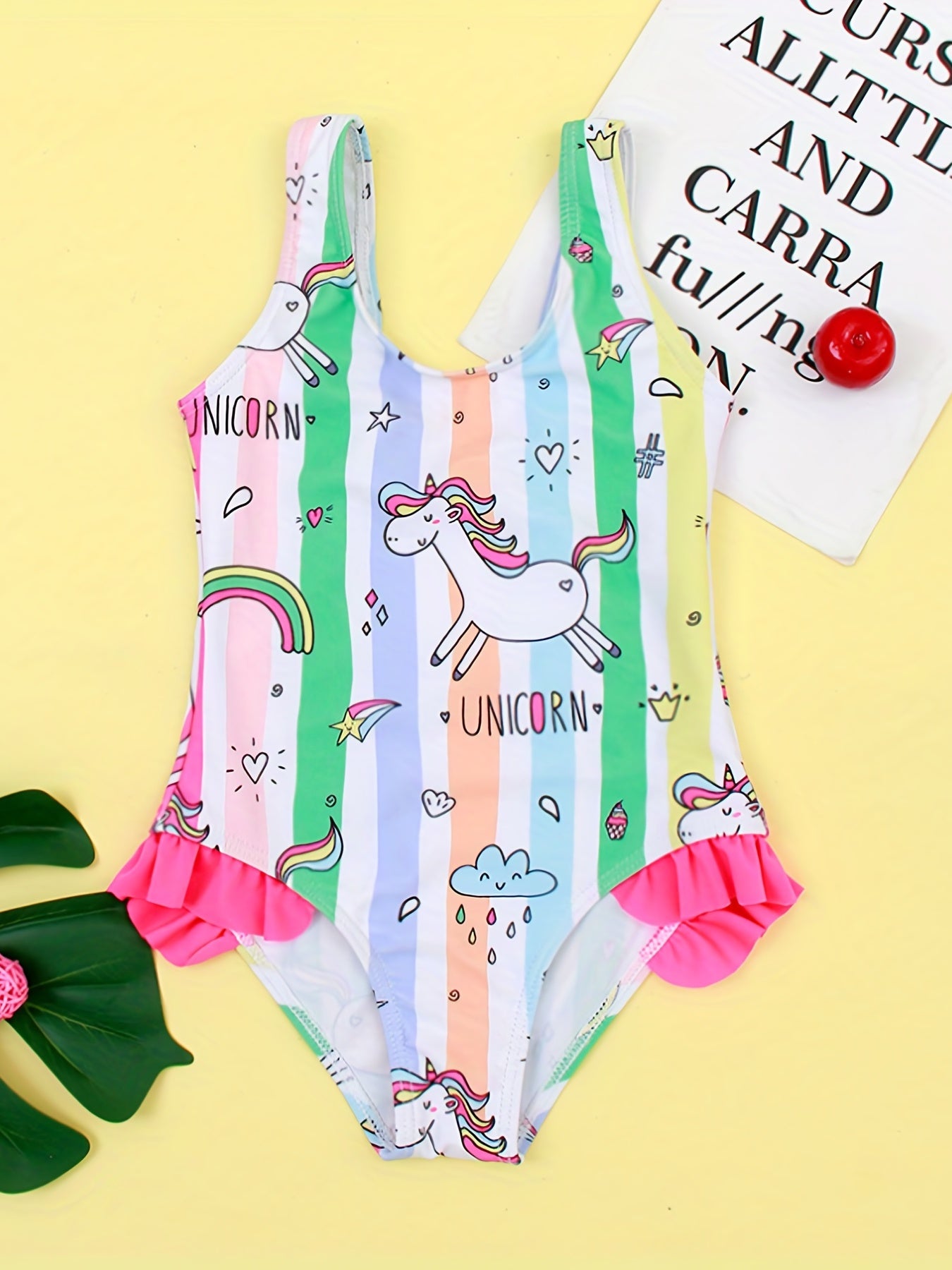 Girls Pony Graphic One Piece Swimsuit Striped Sleeveless Swimwear