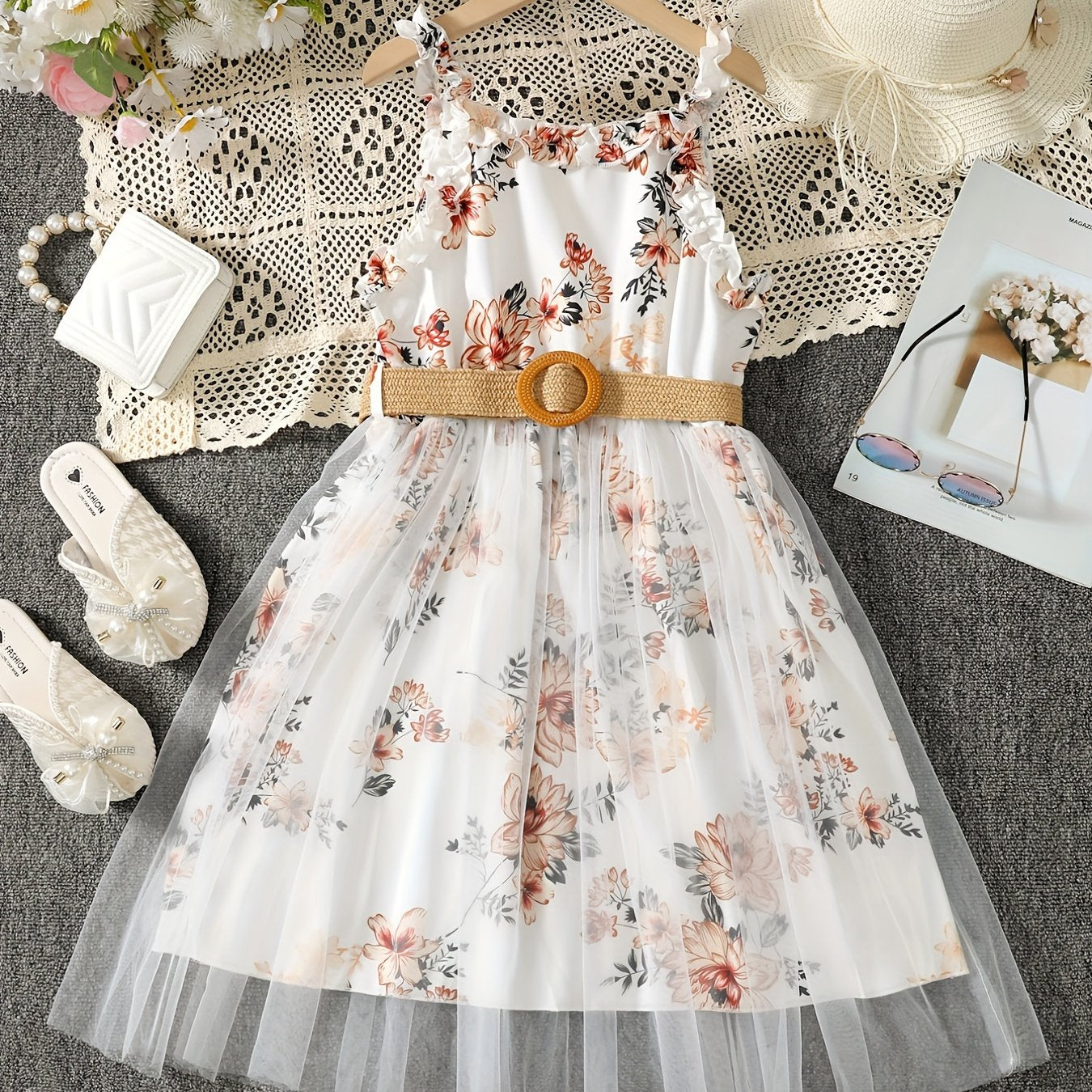 Girls Floral Print Mesh Tulle Cami Dress with Belt
