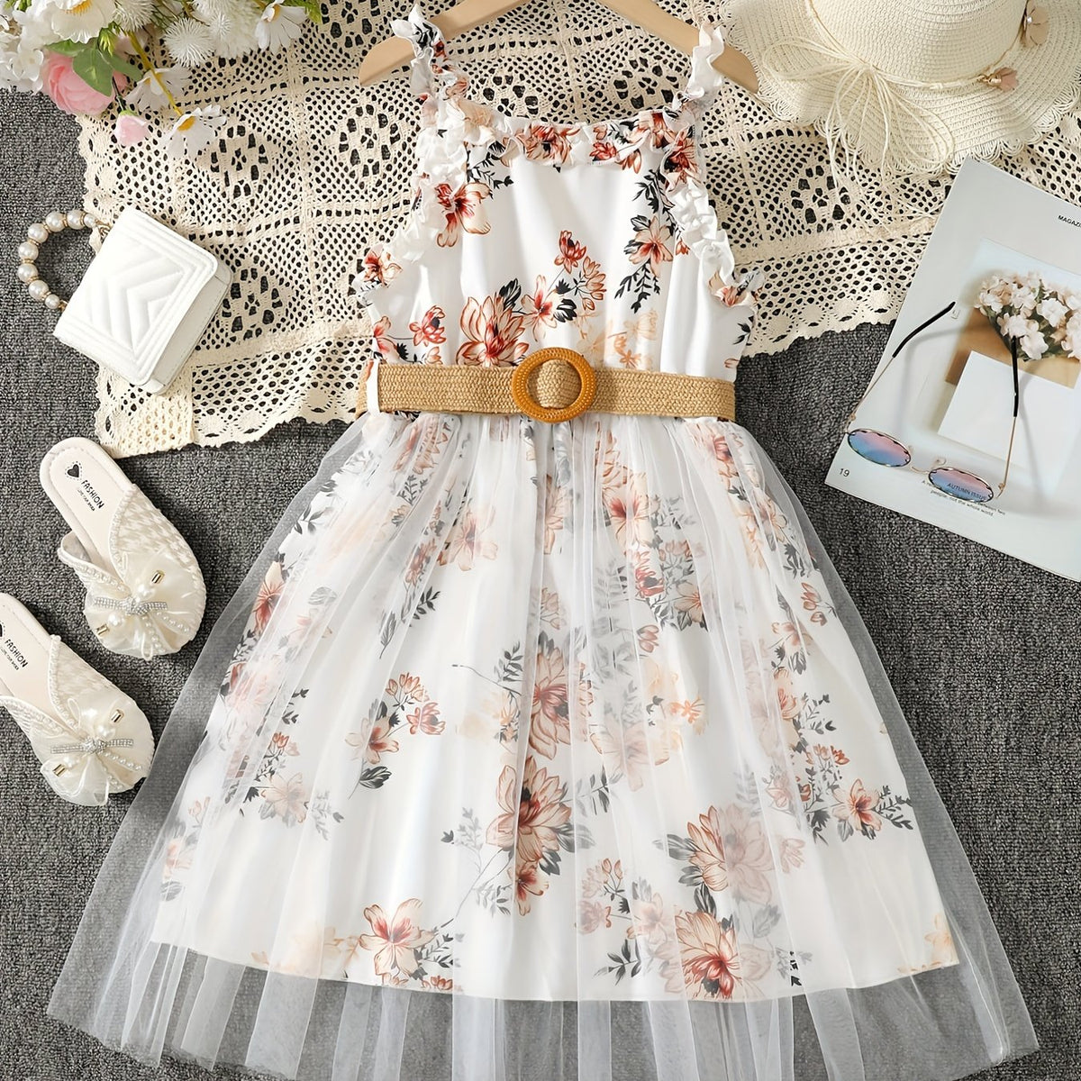 Girls Floral Print Mesh Tulle Cami Dress with Belt