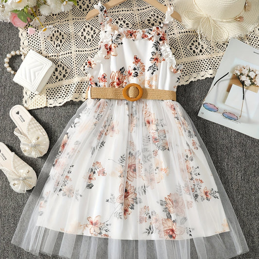 Girls Floral Print Mesh Tulle Cami Dress with Belt