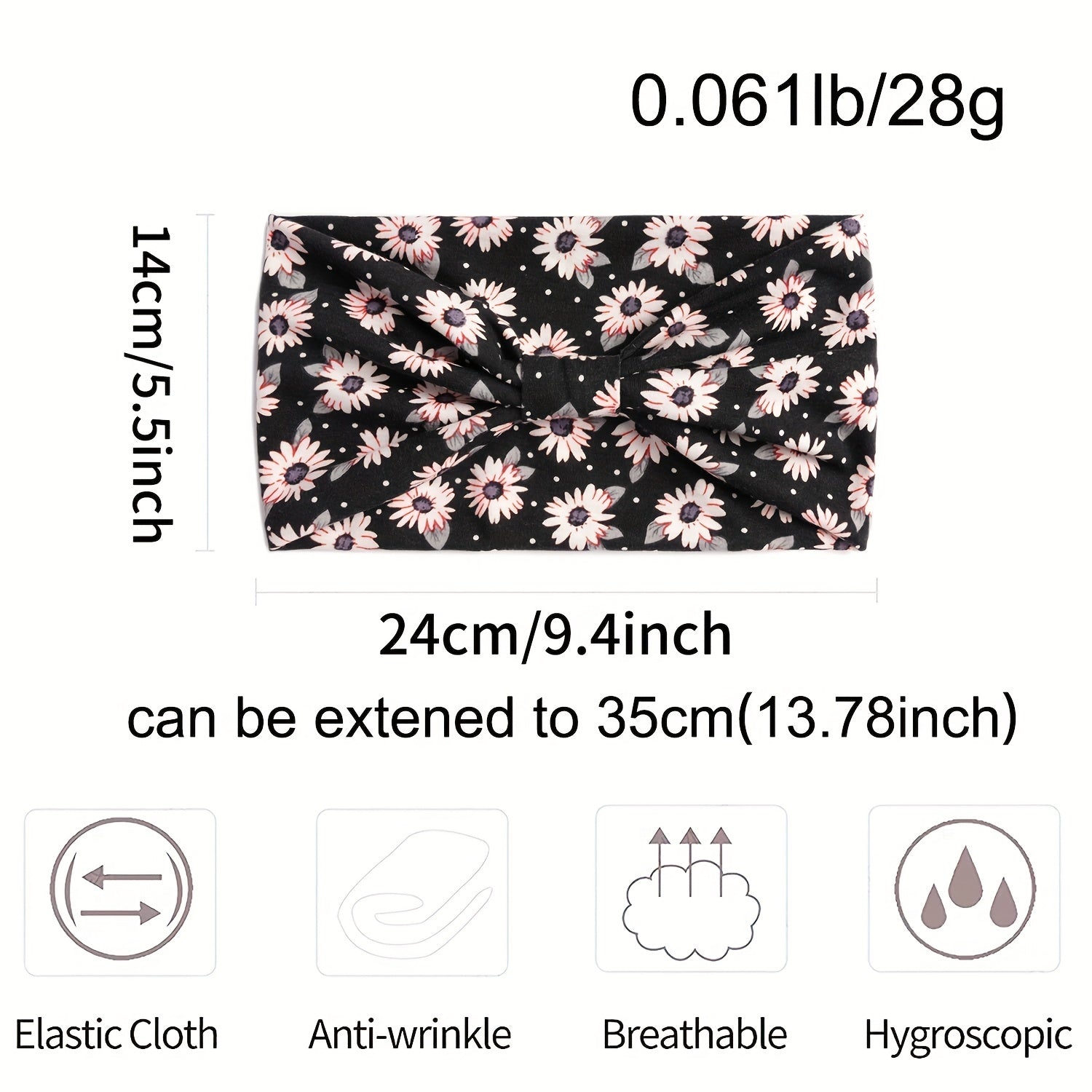 Daisy Pattern Headband Wide Sweatband Boho Style Hair Band