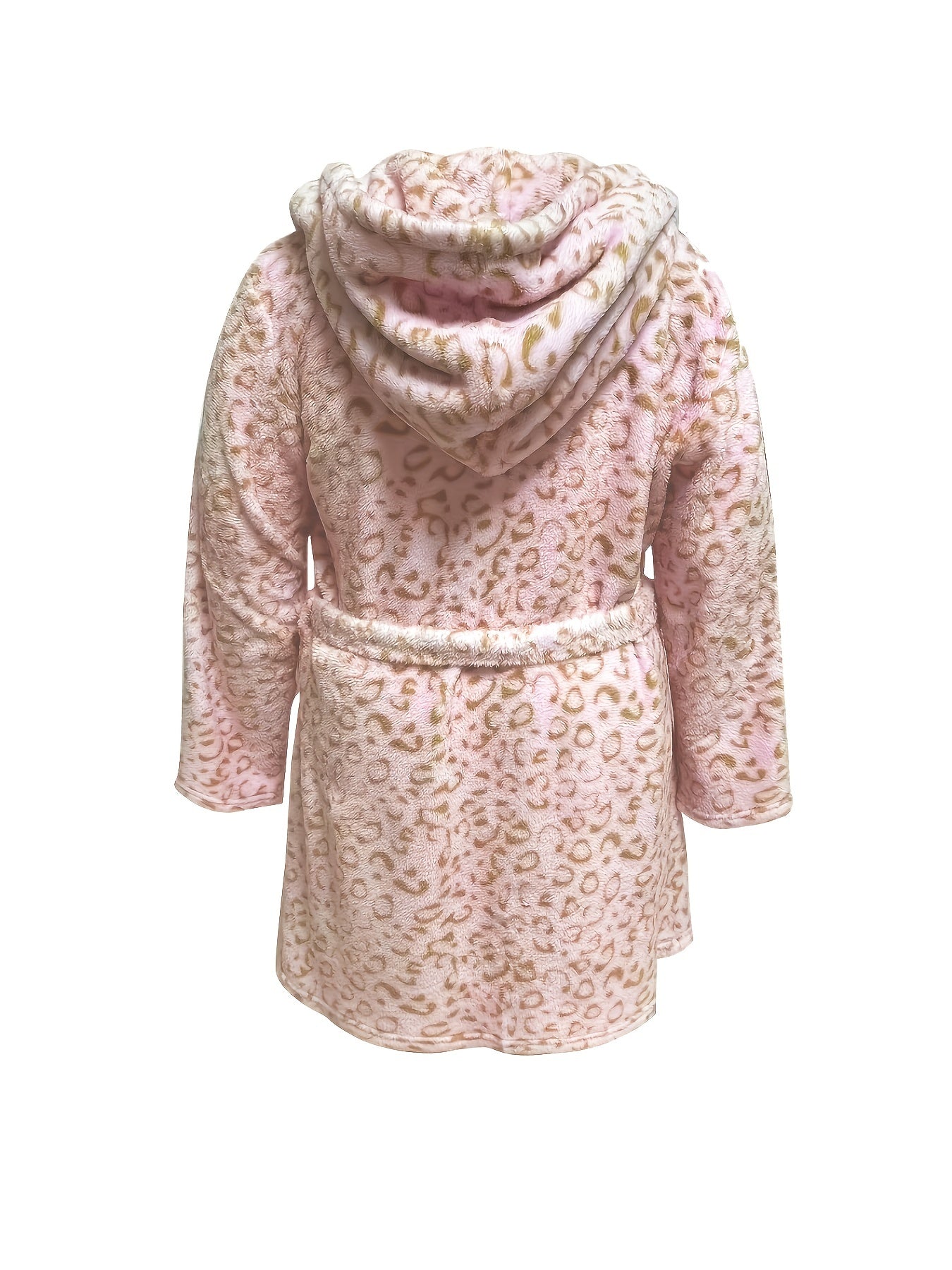  Leopard Pattern Hooded Flannel Robe with Pockets