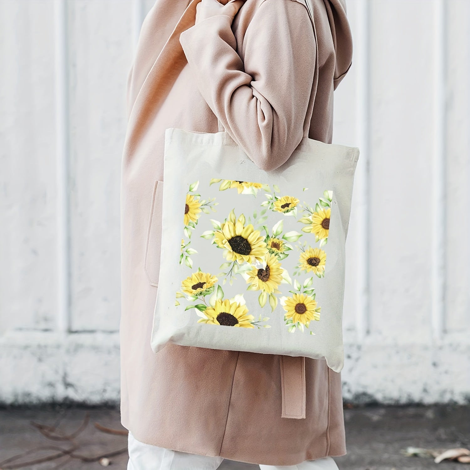 Sunflower Print Canvas Shoulder Bag Lightweight Shopping Bag