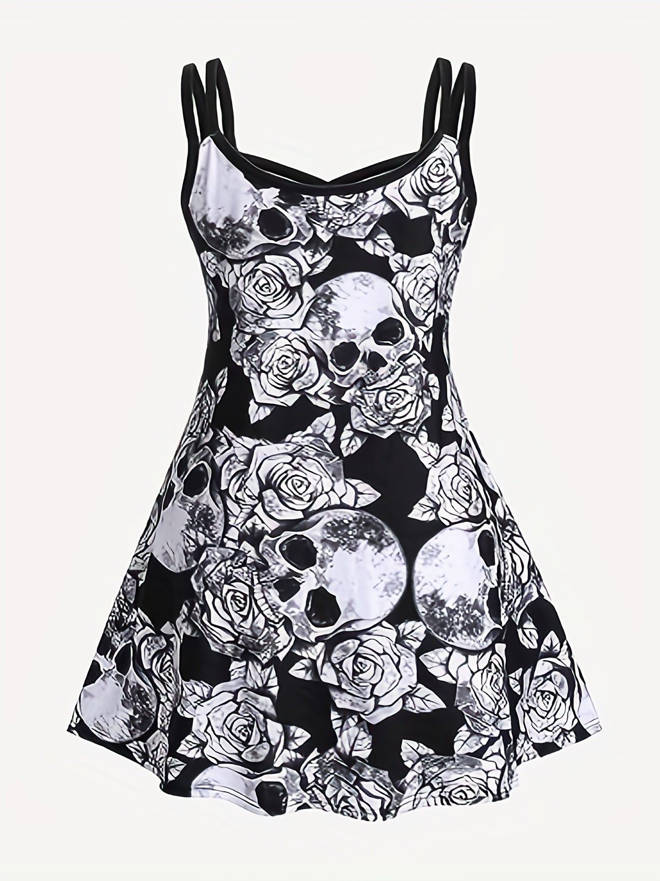 Skull Print Spaghetti Strap Dress Gothic Sleeveless V Neck Dress