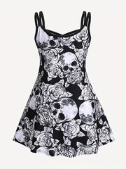 Skull Print Spaghetti Strap Dress Gothic Sleeveless V Neck Dress