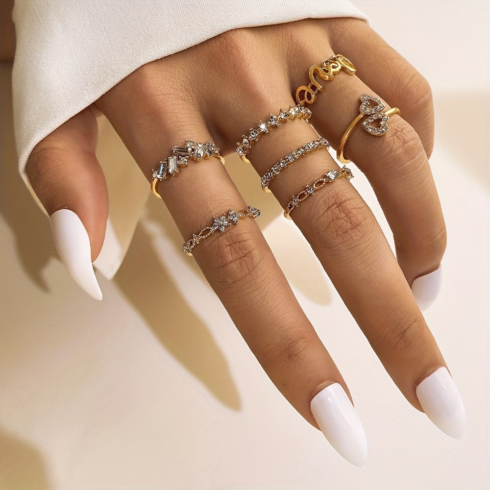 7pcs Golden Letter Love Rhinestone Joint Ring Set For Women