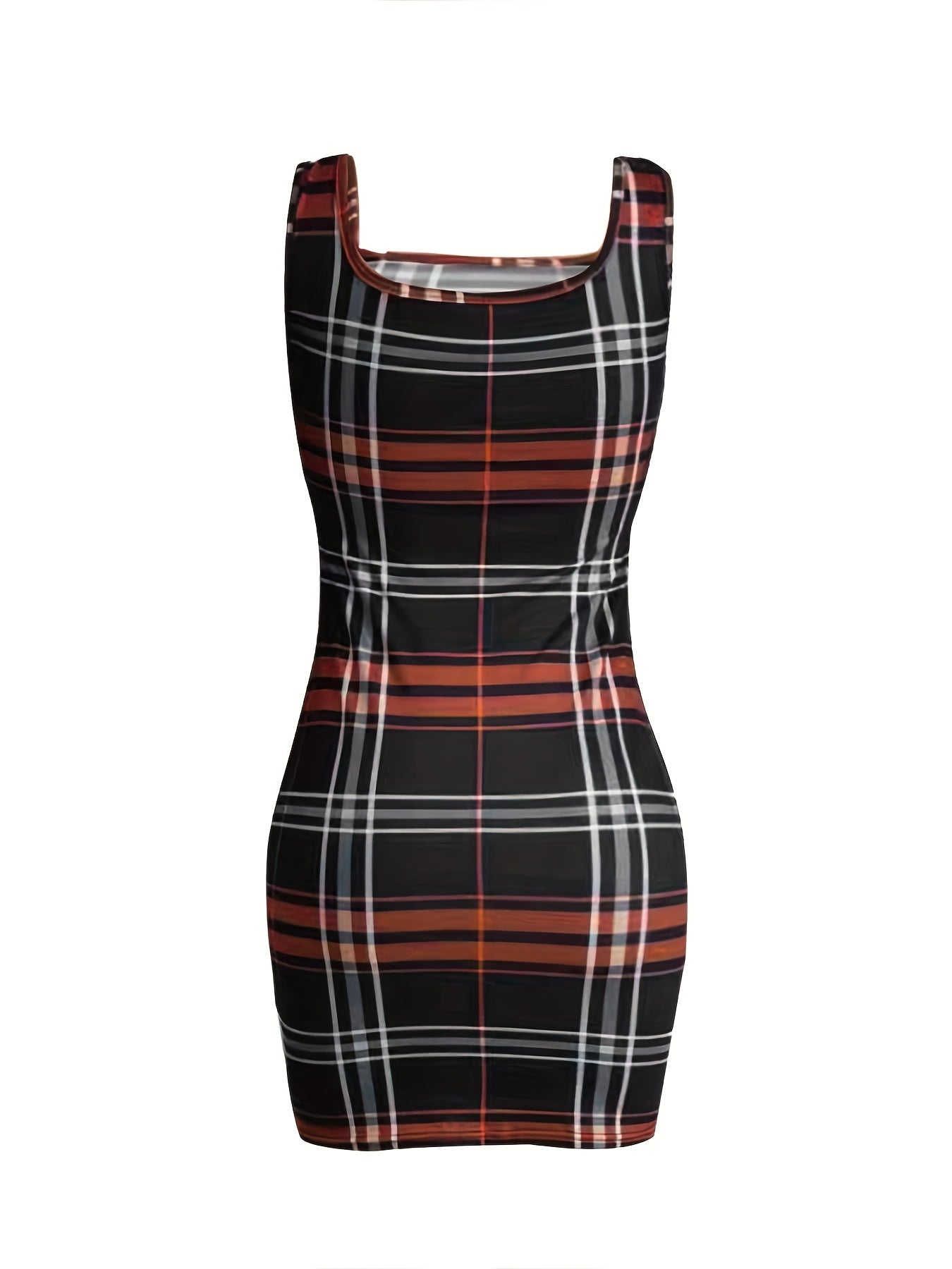  Plaid Print Square Neck Stretch Mini Tank Dress