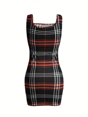 Plaid Print Square Neck Stretch Mini Tank Dress