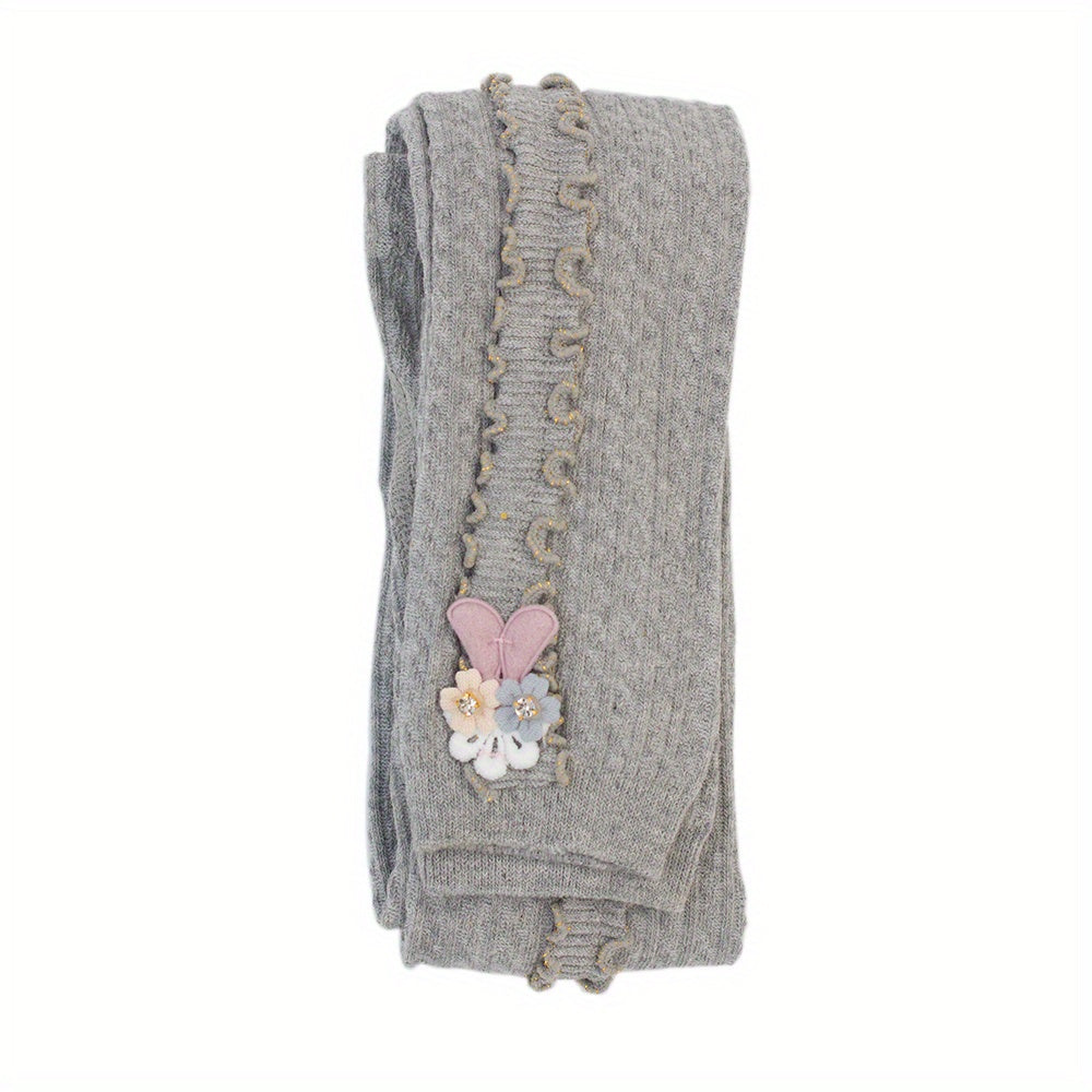 Girls Side Frill Trim Knit Leggings Flower Bunny Footless Tights Pants