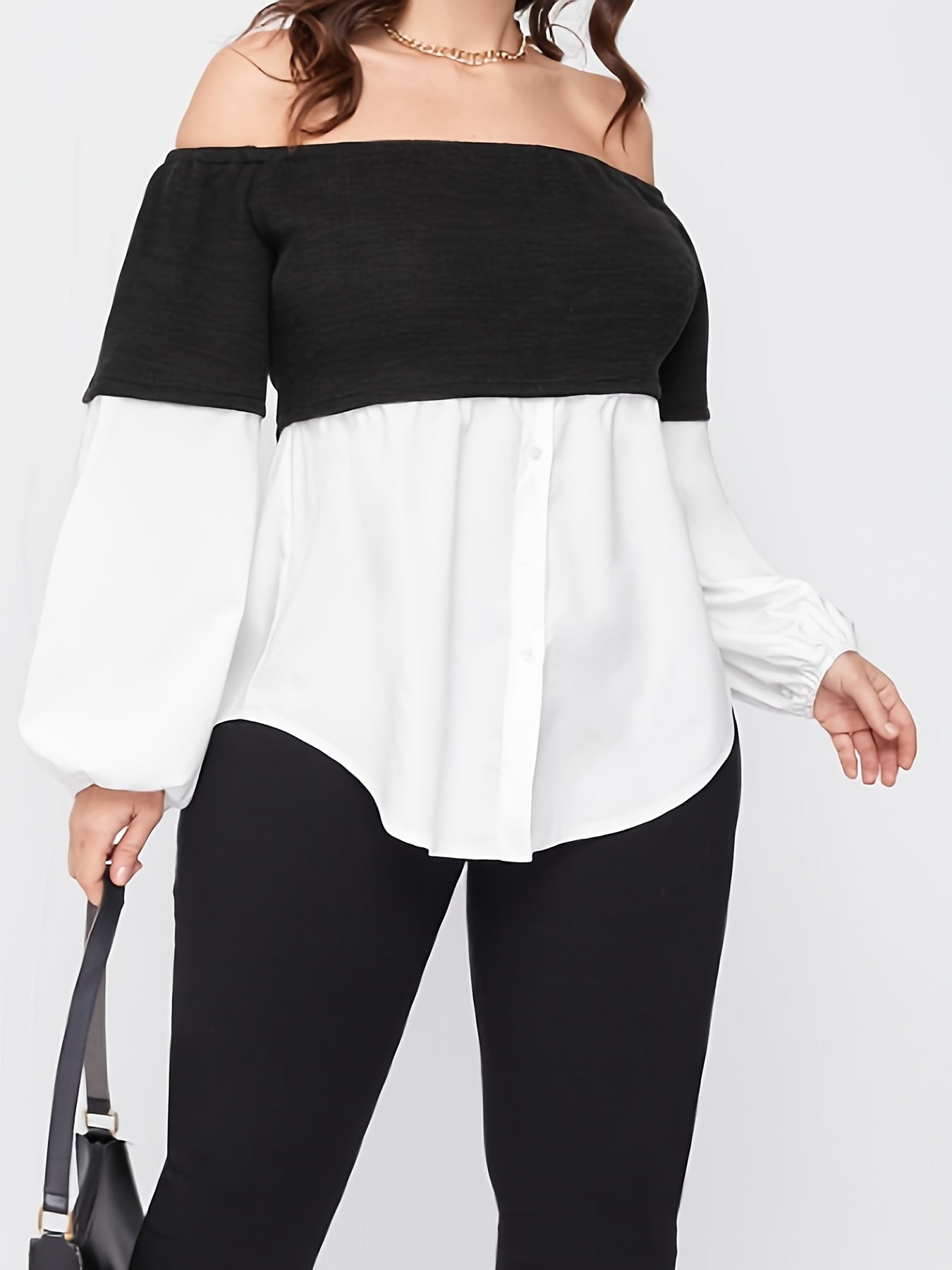  Contrast Colorblock Off Shoulder Shirt Women's Plus Street Style Top