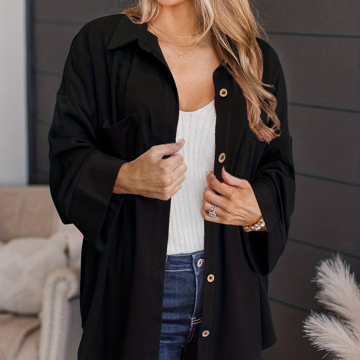  Solid Ribbed Button Up Long Sleeve Blouse