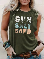 Sun Salt Sand Print Tank Top Sleeveless Crew Neck Beach Tank