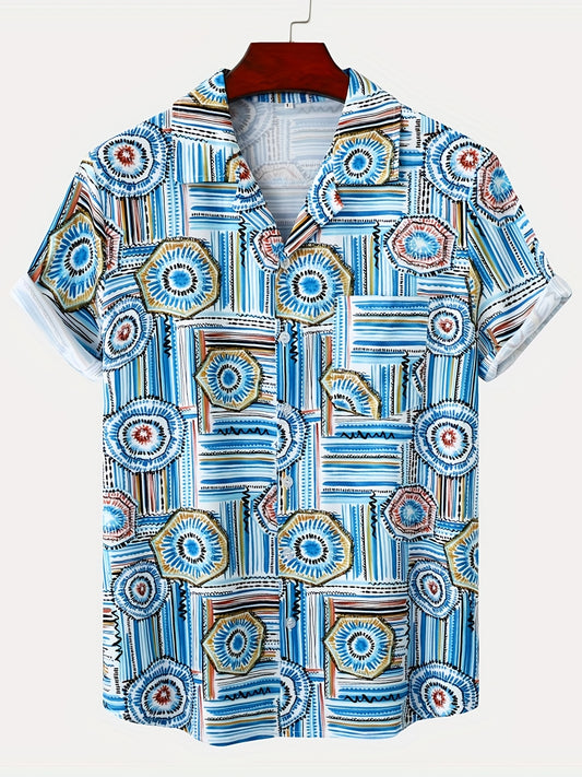 Geometric Print Men s Short Sleeve Hawaiian Shirt For Vacation