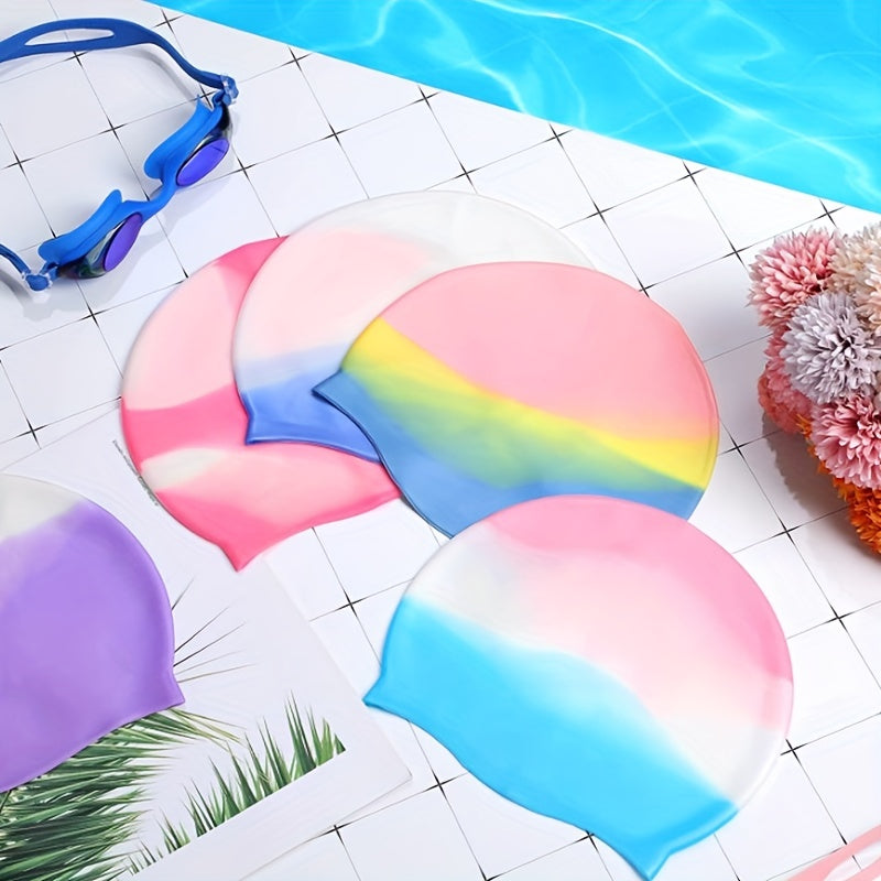 Gradual Change Swimming Cap Ear Protection Durable Waterproof Elastic Cap