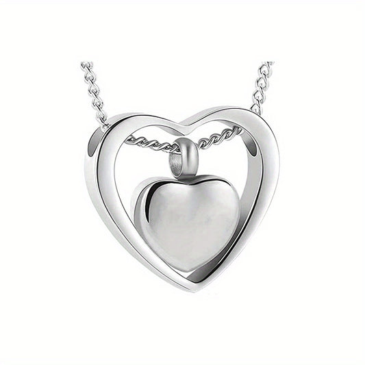 Double Heart Cremation Necklace Stainless Steel Memorial Locket Keepsake