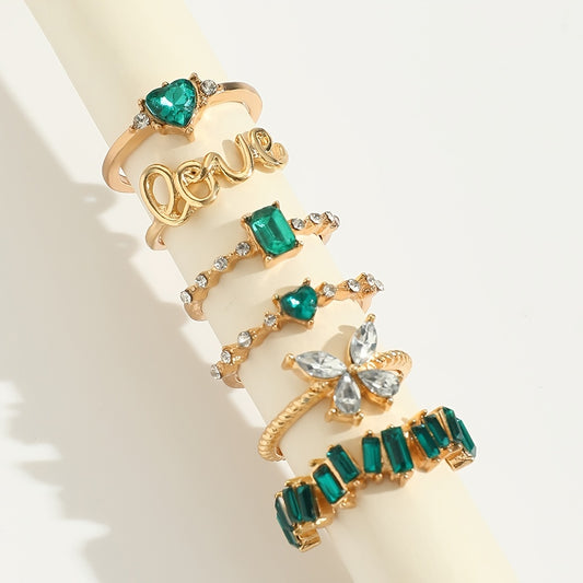 Green Vintage Emerald Heart LOVE Alphabet Butterfly Geometric Ring Set