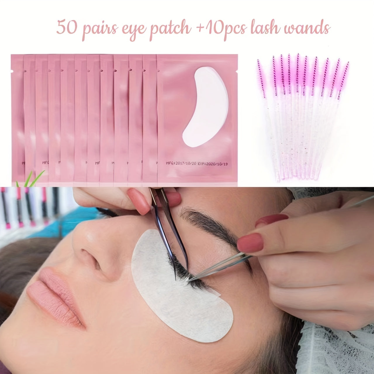 50 Pairs Under Eye Pads & 10Pcs Lash Brush Wands Beauty Tool