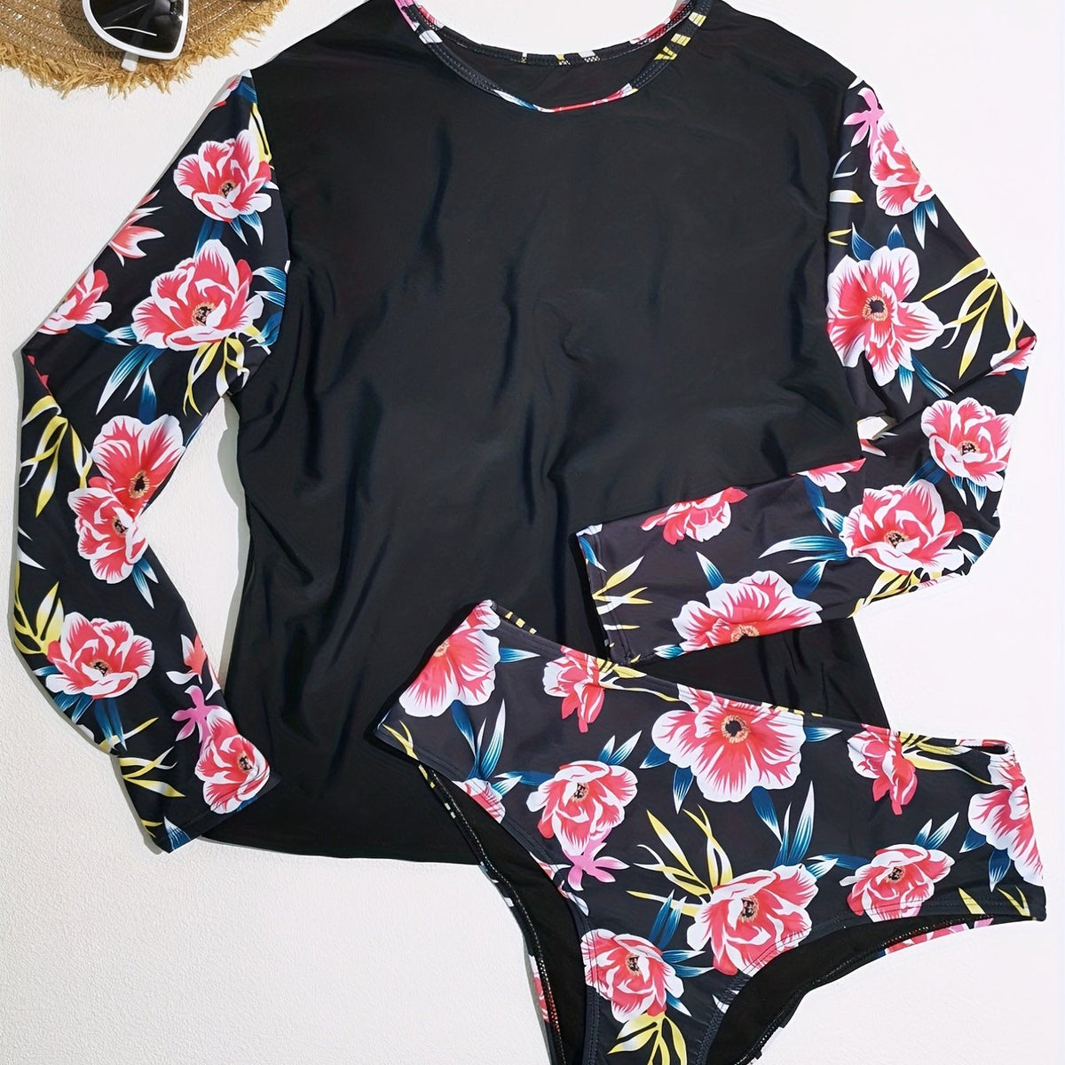 Plus Floral Print Top & Bikini Set, Long Sleeve, Modest Style
