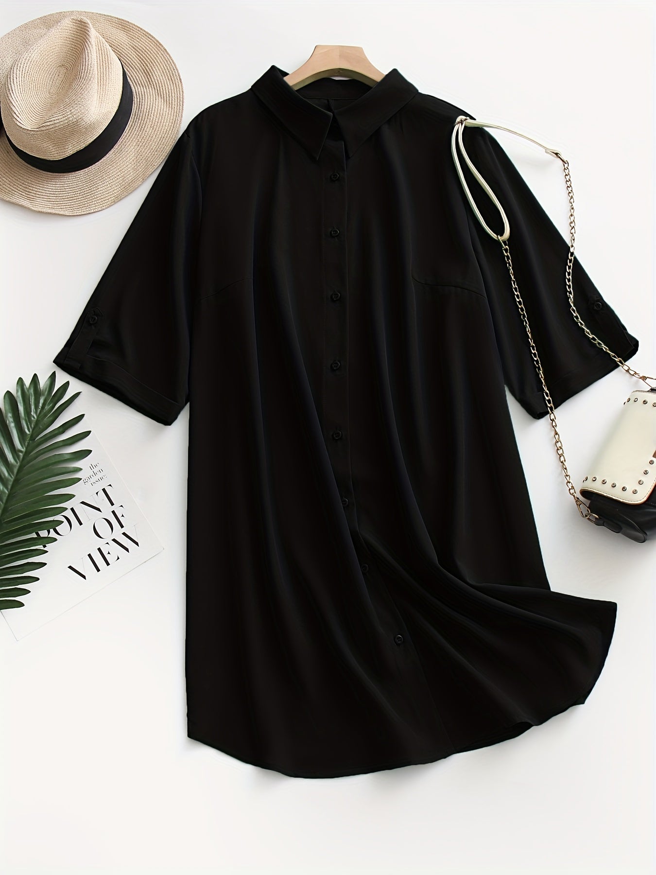  Solid Button Up Shirt Dress