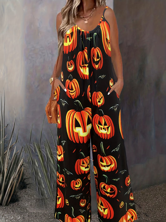  Pumpkin Print Round Neck Wide Leg Jumpsuit