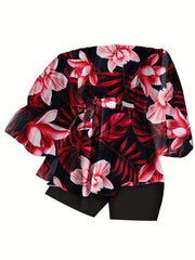  Tropical Print Off Shoulder Peplum Top & Shorts Set