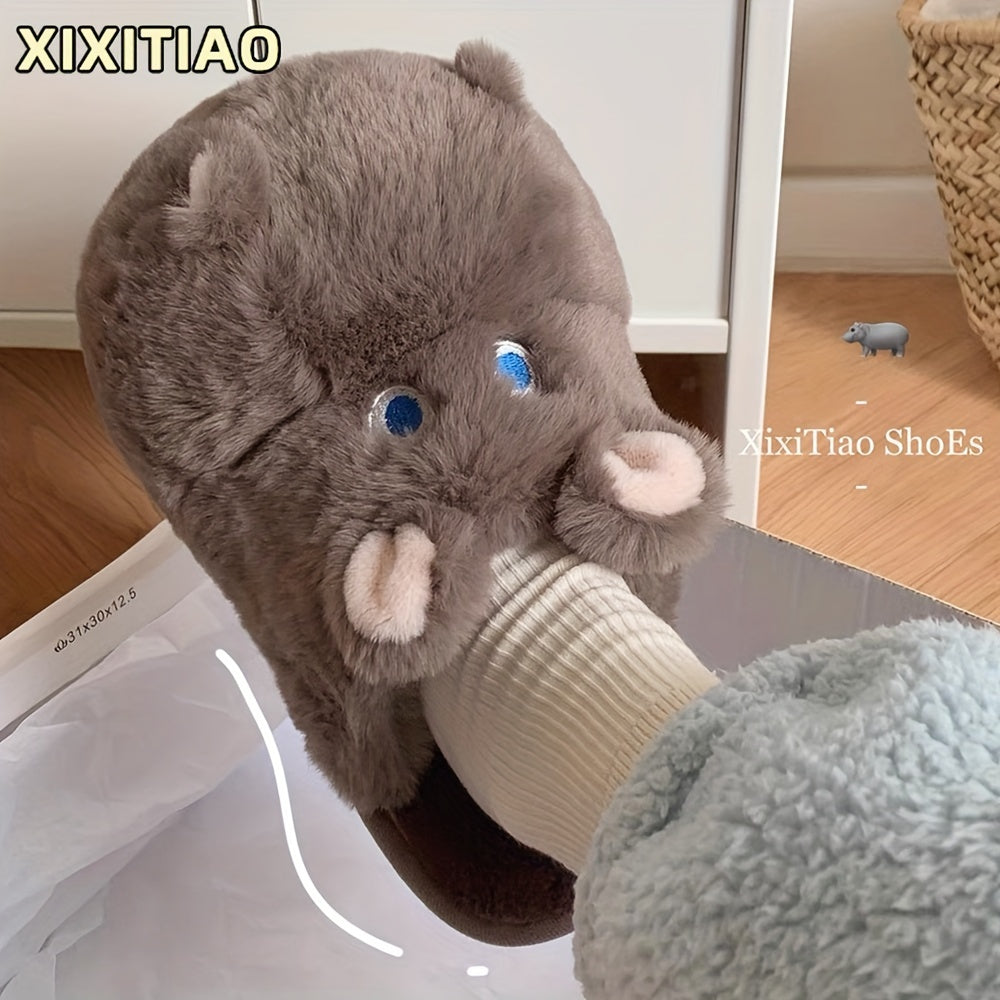 Cartoon Hippo Plush House Slippers For Boys