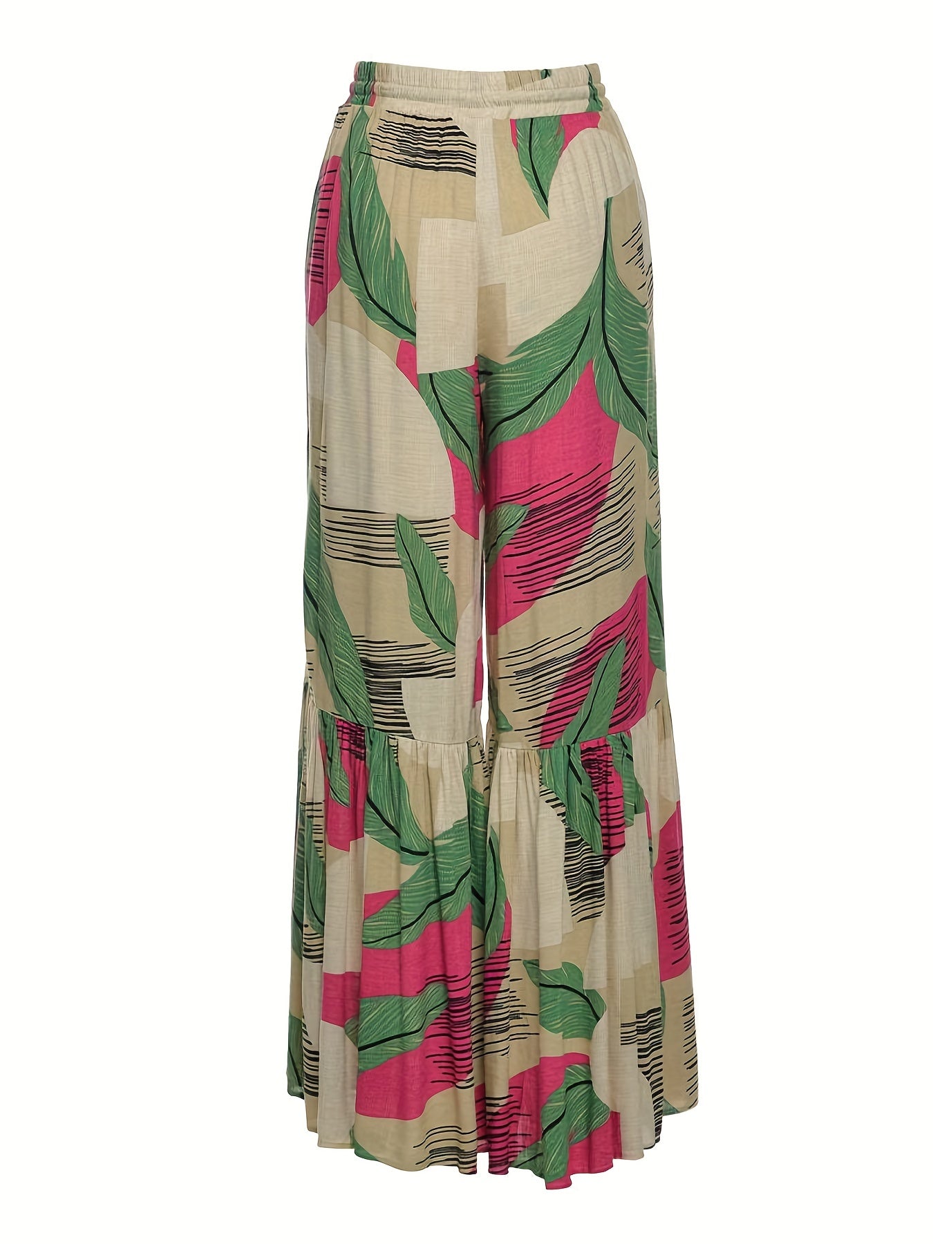  Colorblock Striped Ruffle Trim Wide Leg Pants