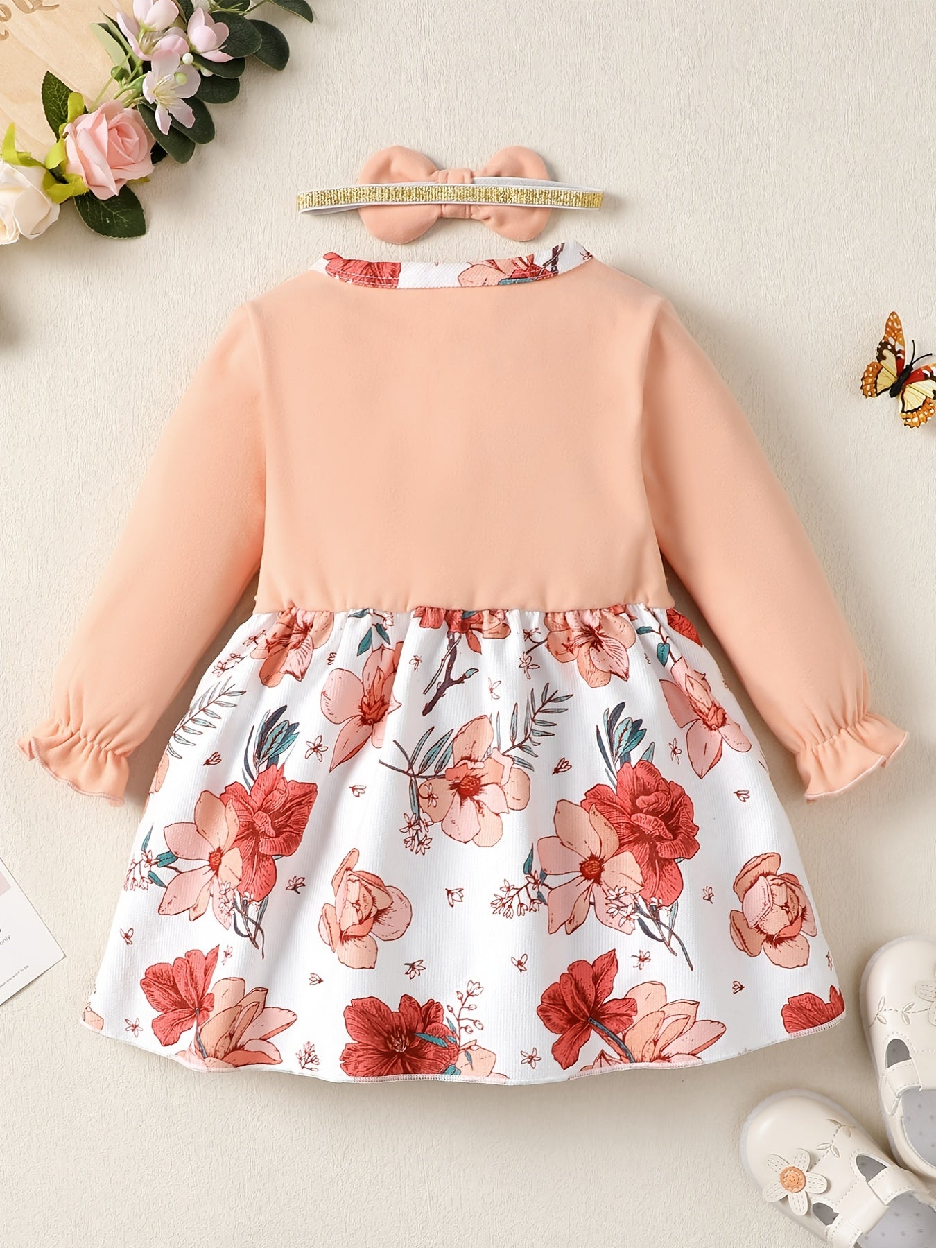Girls Corduroy Floral Bow Dress Baby Clothes