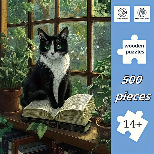 500pcs Wooden Jigsaw Puzzle Cow Cat on Bookshelf Adult Animal Theme