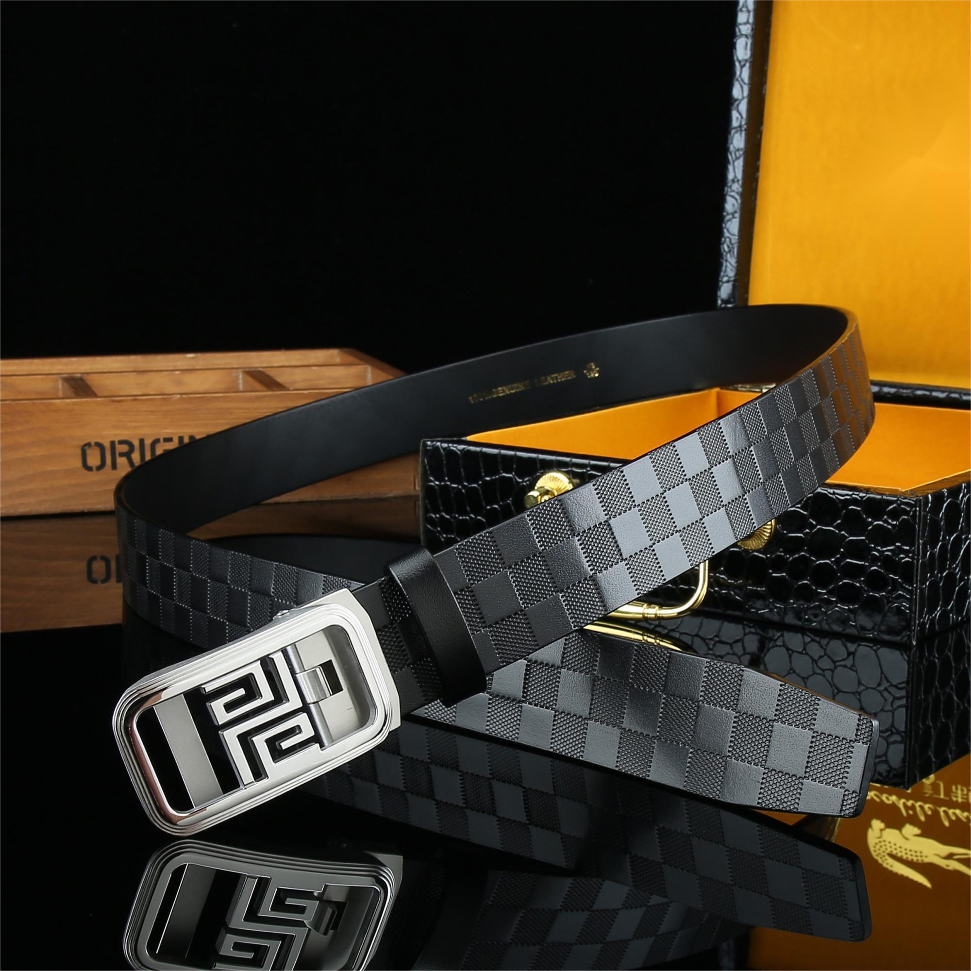 Men's Automatic Buckle Belt Cowhide Checkerboard Pattern Width 3 1/4in