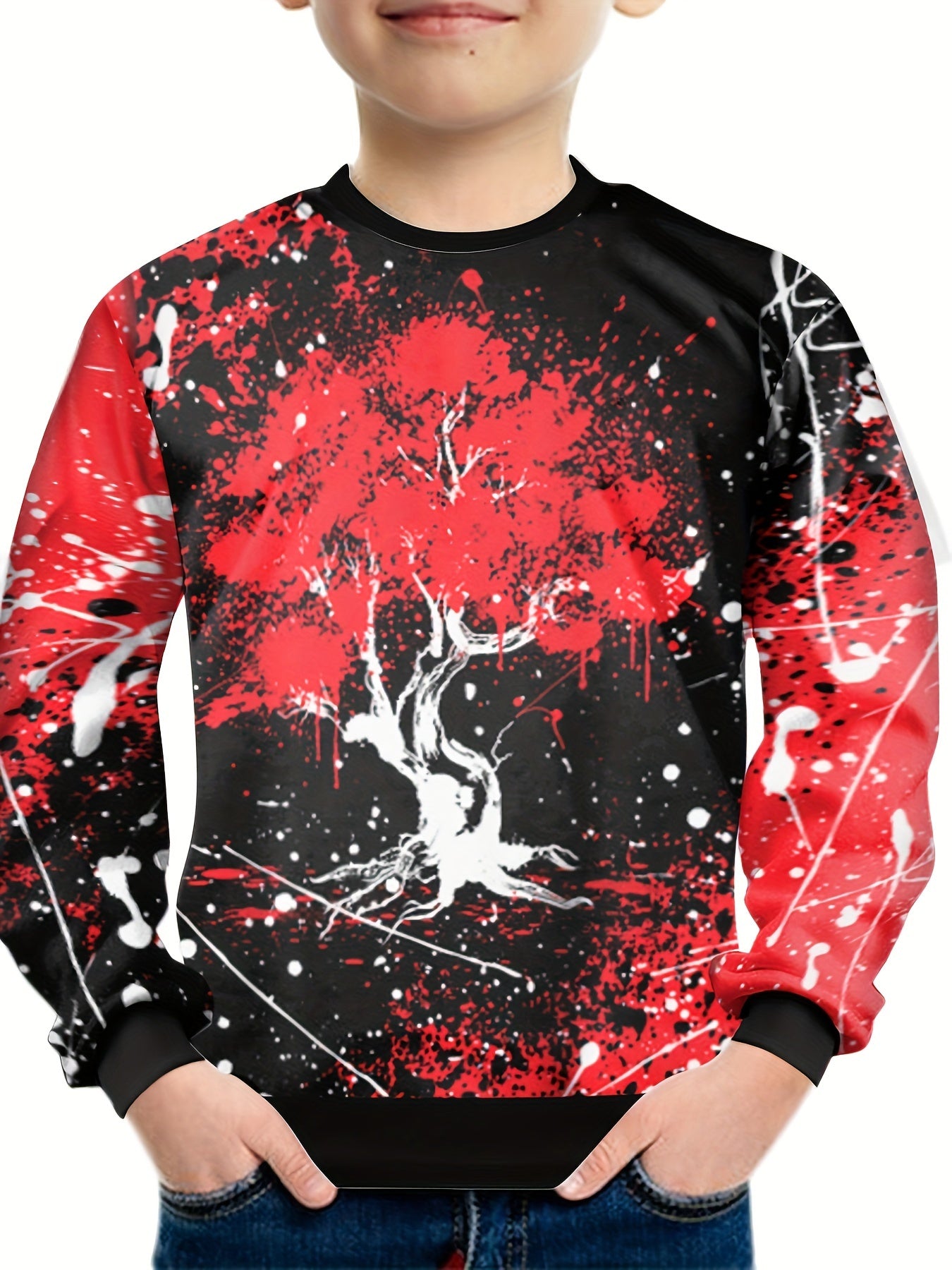 Boys Cherry Tree 3D Print Block Sweatshirt Kids Casual Pullover