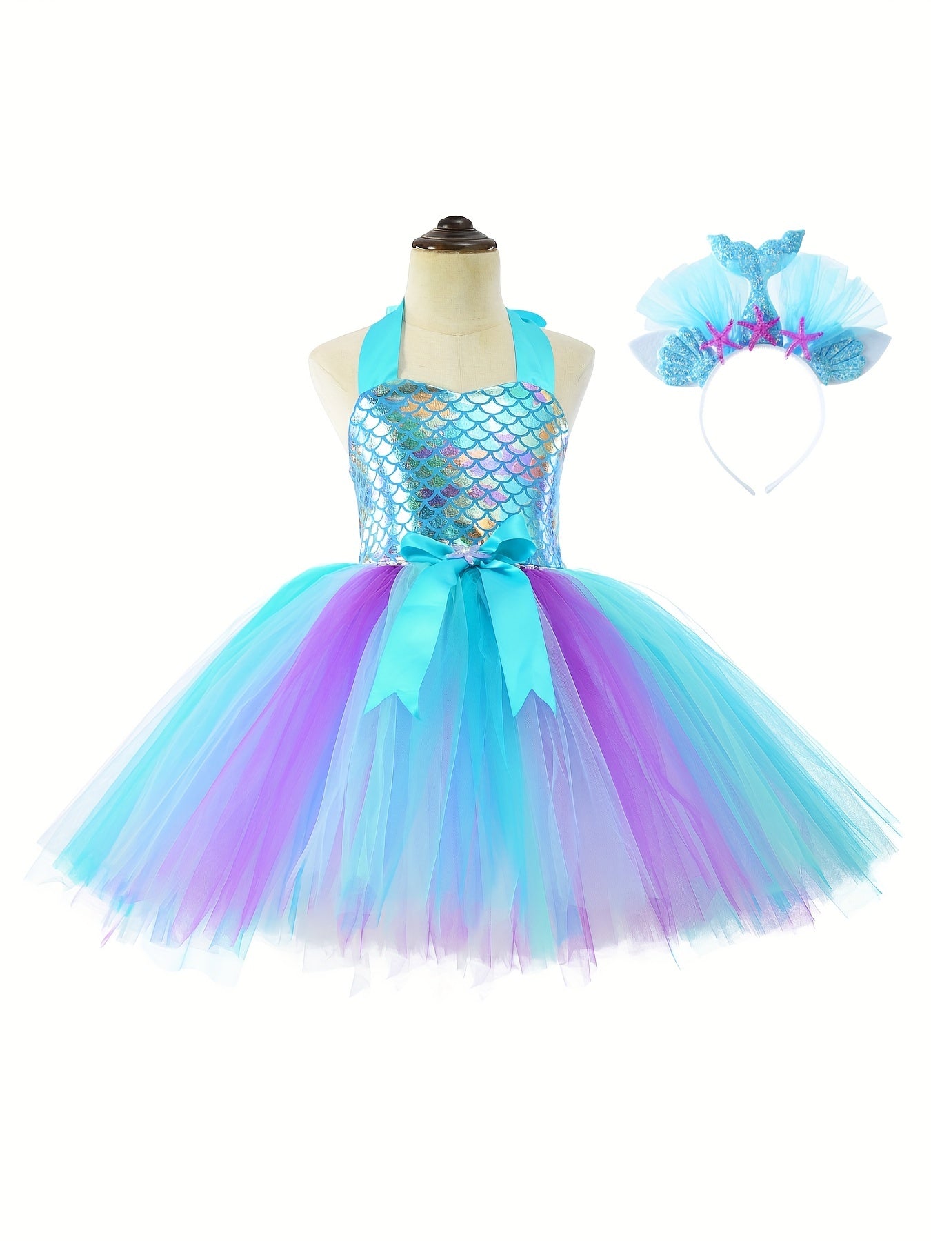 Mermaid Cosplay Costume & Headband 2pcs Toddler Girl's Halter Neck Mesh Dress