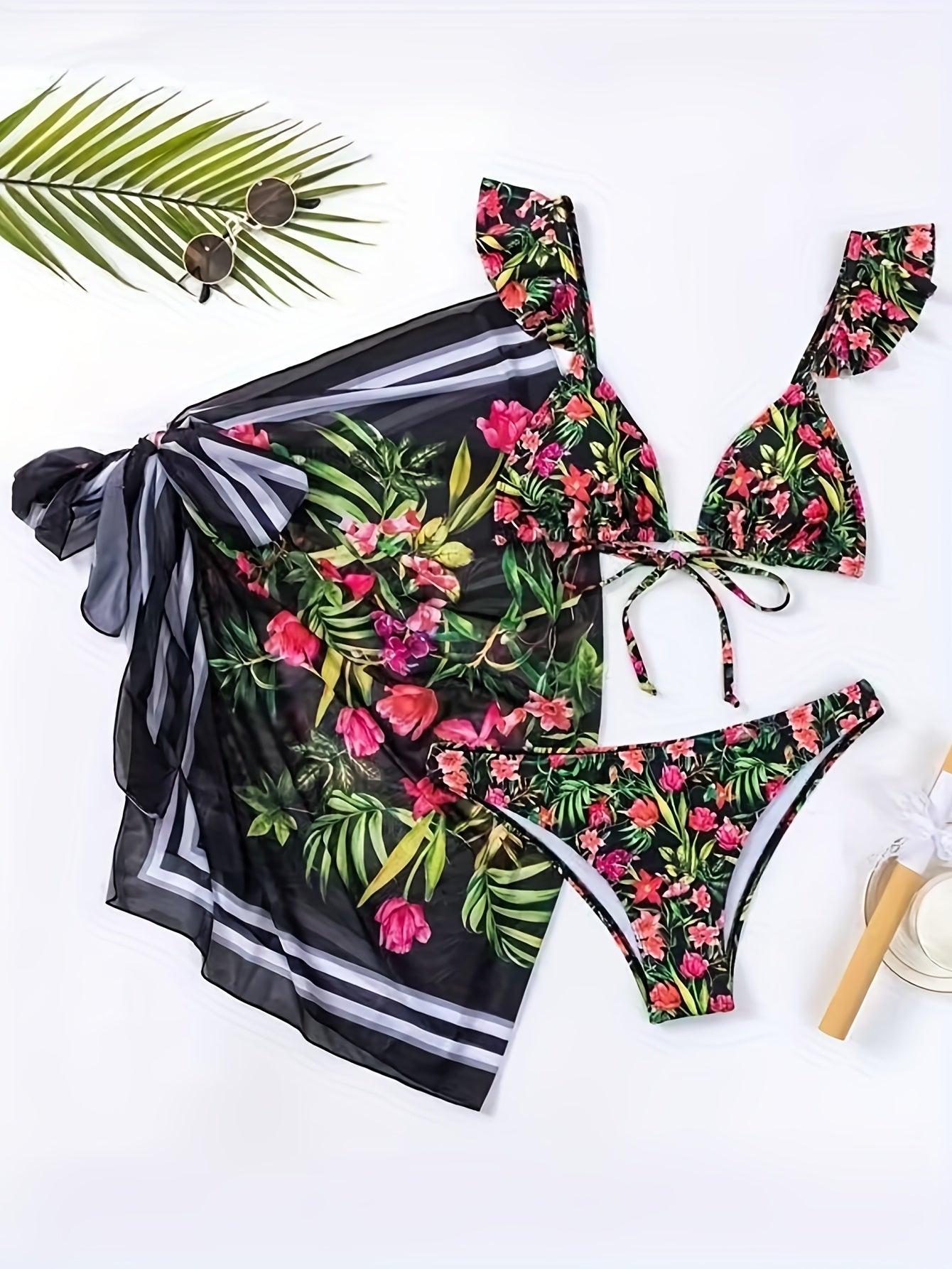 Floral Leaf Print Ruffle Strap Bikini & Mesh Wrap Cover Up Set