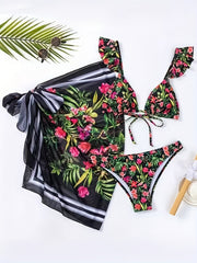 Floral Leaf Print Ruffle Strap Bikini & Mesh Wrap Cover Up Set