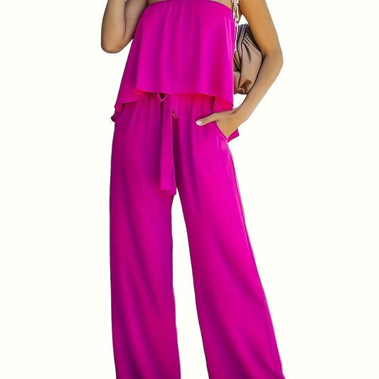 Off Shoulder Wide Leg Jumpsuit Tie Waist Solid Color