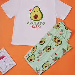 Avocado Print Pajama Set Short Sleeve Crew Neck Top & Elastic Waistband Pants