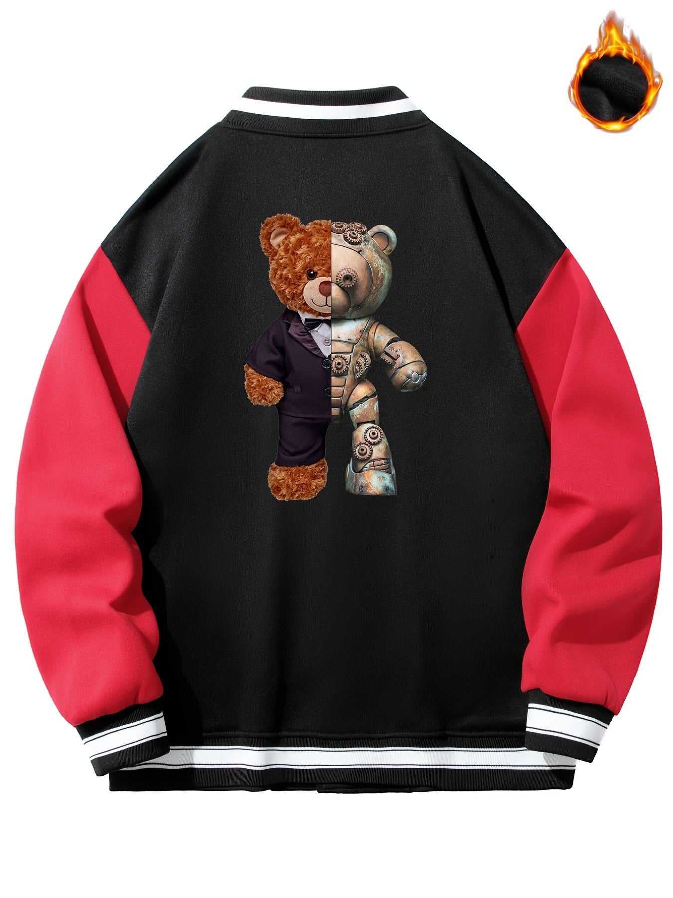 Teddy Bear Graphic Print Men's Casual Baseball Jacket