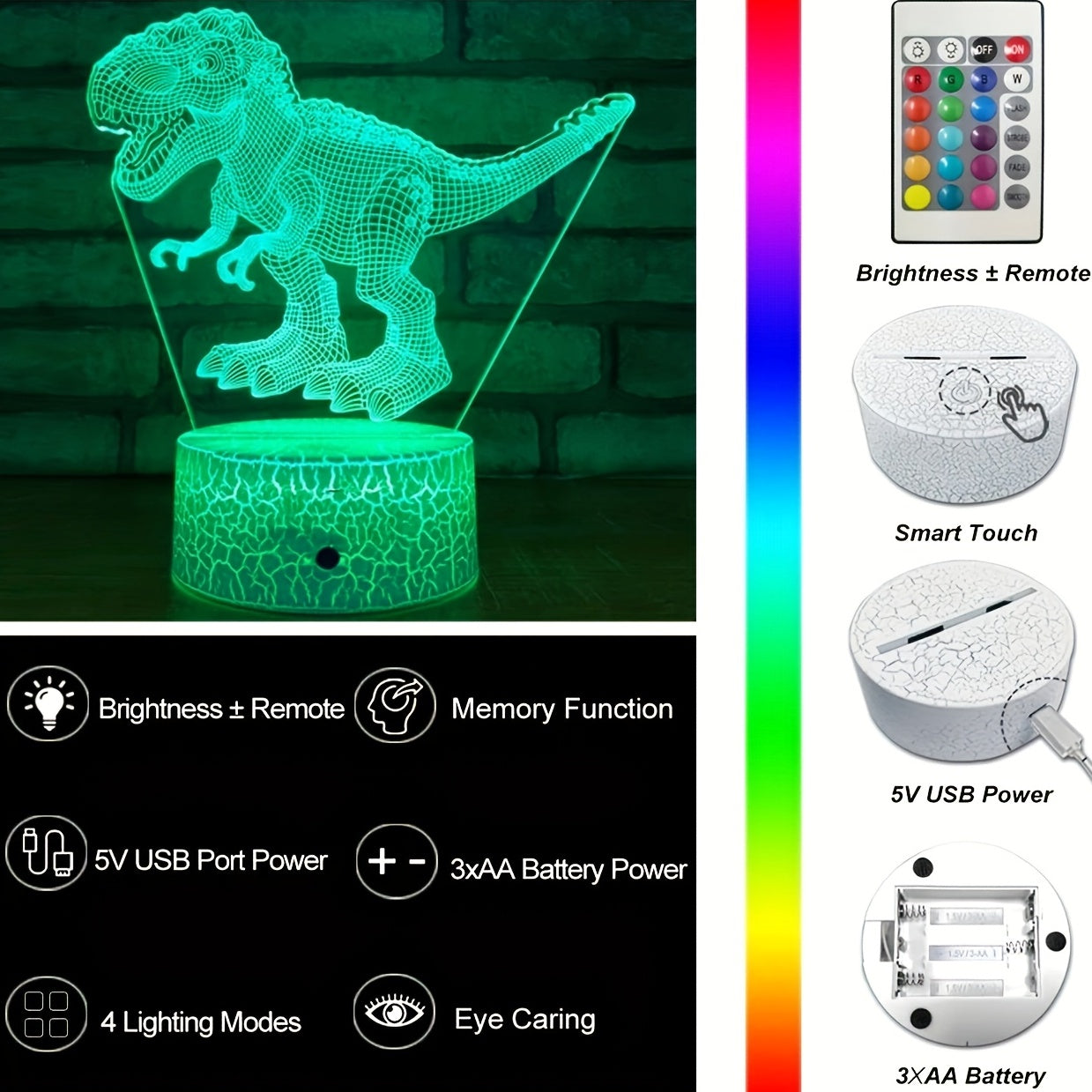 Dinosaur 3D Night Light w/ Remote & Smart Touch 16 Colors Dimmable T rex Toys