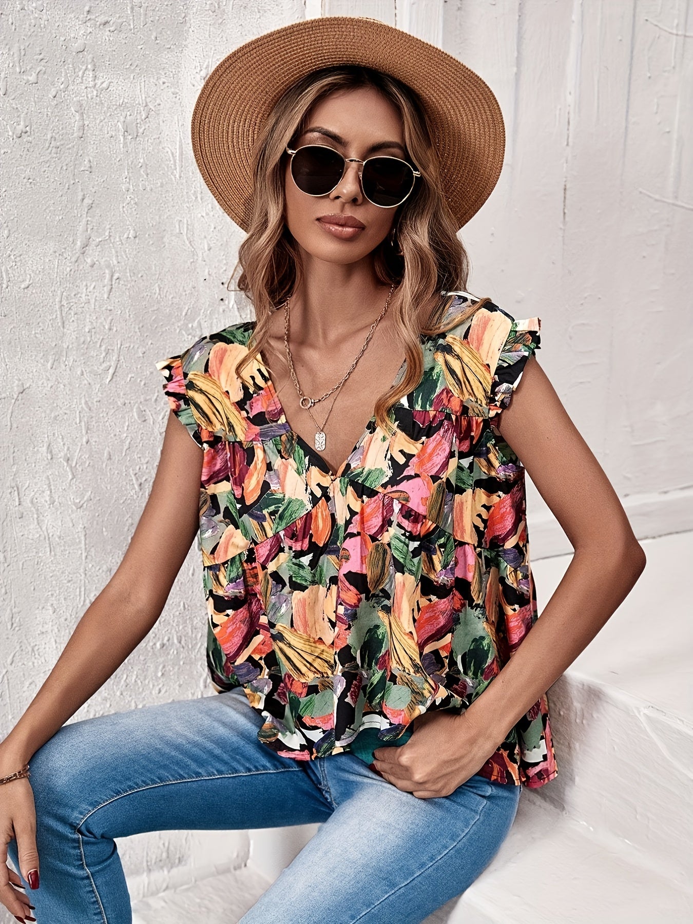 Ruffle Trim V Neck Top Cap Sleeve Casual