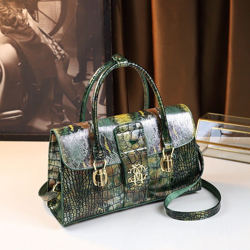 Stylish Green Women's Handbag Shoulder & Handbag Split Leather Magnetic Closure