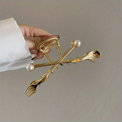 Creative Fork Spoon Shape Hair Claw with Faux Pearl Inlay